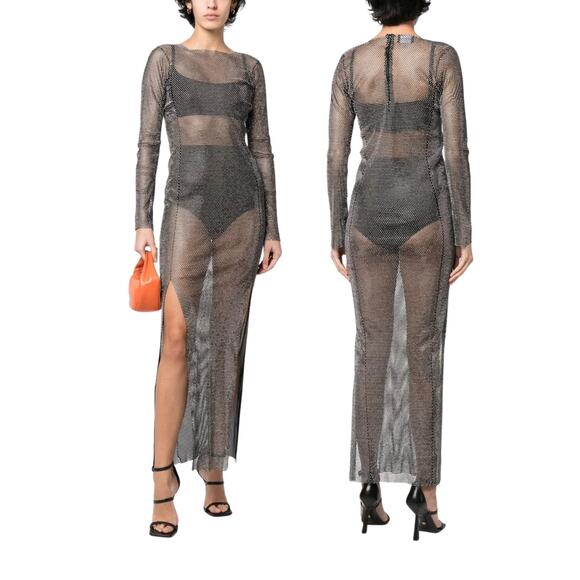 SANTA Rhinestone Embellished Mesh Maxi Dress Party Statement Evening Black Sz M - Picture 1 of 9